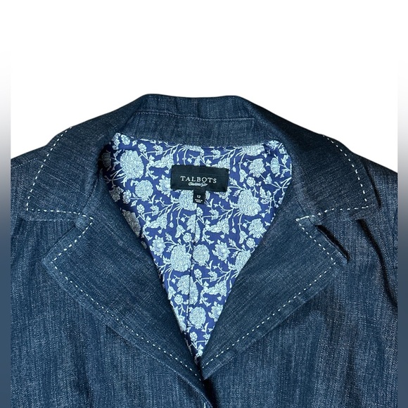 Talbots navy dark wash fully lined fitted denim single closure jacket 3/4 sleeve - Picture 3 of 13